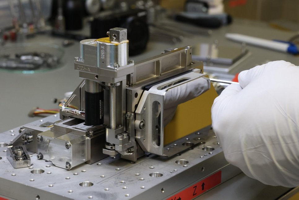 Fllght model of a 2-axis adjustment mechanism for the Roman Space Telescope. Its instrument CGI (Coronagraph Instrument) contains six of these units, which position optical elements with sub-micrometer accuracy in the optical beam path.