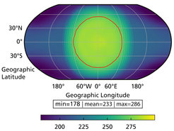 Simulated surface temperature map of Wolf 1069 b, assuming a modern Earth-like atmosphere. The map is centred at point that always faces the central star. The temperatures are given in Kelvin (K). 273.15 K corresponds to 0 °C. Liquid water would be possible on the planet’s surface inside the red line.