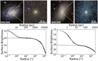 The Nuclear Star Clusters (NSCs) in the late-type spiral NGC 300 (left) and early-type galaxy NGC 205 (M 110, right). The top panels show galaxy-wide images with zoom-ins into the central regions of each galaxy. The bottom panels show surface brightness profiles of the two galaxies, which, in both cases, indicate the presence of an NSC by a rise above the light profile of the host galaxy body. The Nuclear Star Clusters (NSCs) in the late-type spiral NGC 300 (left) and early-type galaxy NGC 205 (M 110, right). The top panels show galaxy-wide images with zoom-ins into the central regions of each galaxy. The bottom panels show surface brightness profiles of the two galaxies, which, in both cases, indicate the presence of an NSC by a rise above the light profile of the host galaxy body.