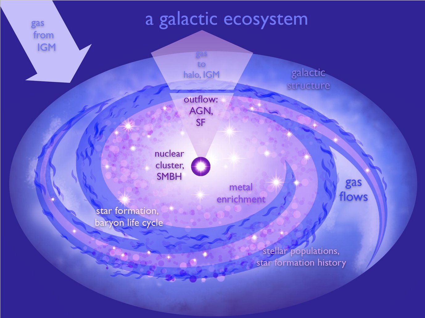 Schematic of the baryon life cycle in galaxies: Stars are born out of gas and dust and they return this material in a processed form to the interstellar medium that consists of neutral and ionized gas, large molecules such as poly-aromatic hydro-carbonates (PAHs), and dust grains. Observations across the full wavelength range are required to capture the different stages of this cycle.