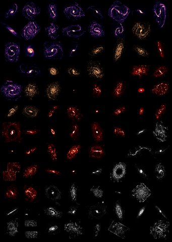 Distribution of the cold molecular gas in 90 nearby galaxies as observed by PHANGS-ALMA colour-coded by their gas morphology (purple: grand-design spirals, orange: multi-arm spirals, red: flocculent , white: not classifiable). Distribution of the cold molecular gas in 90 nearby galaxies as observed by PHANGS-ALMA colour-coded by their gas morphology (purple: grand-design spirals, orange: multi-arm spirals, red: flocculent , white: not classifiable).