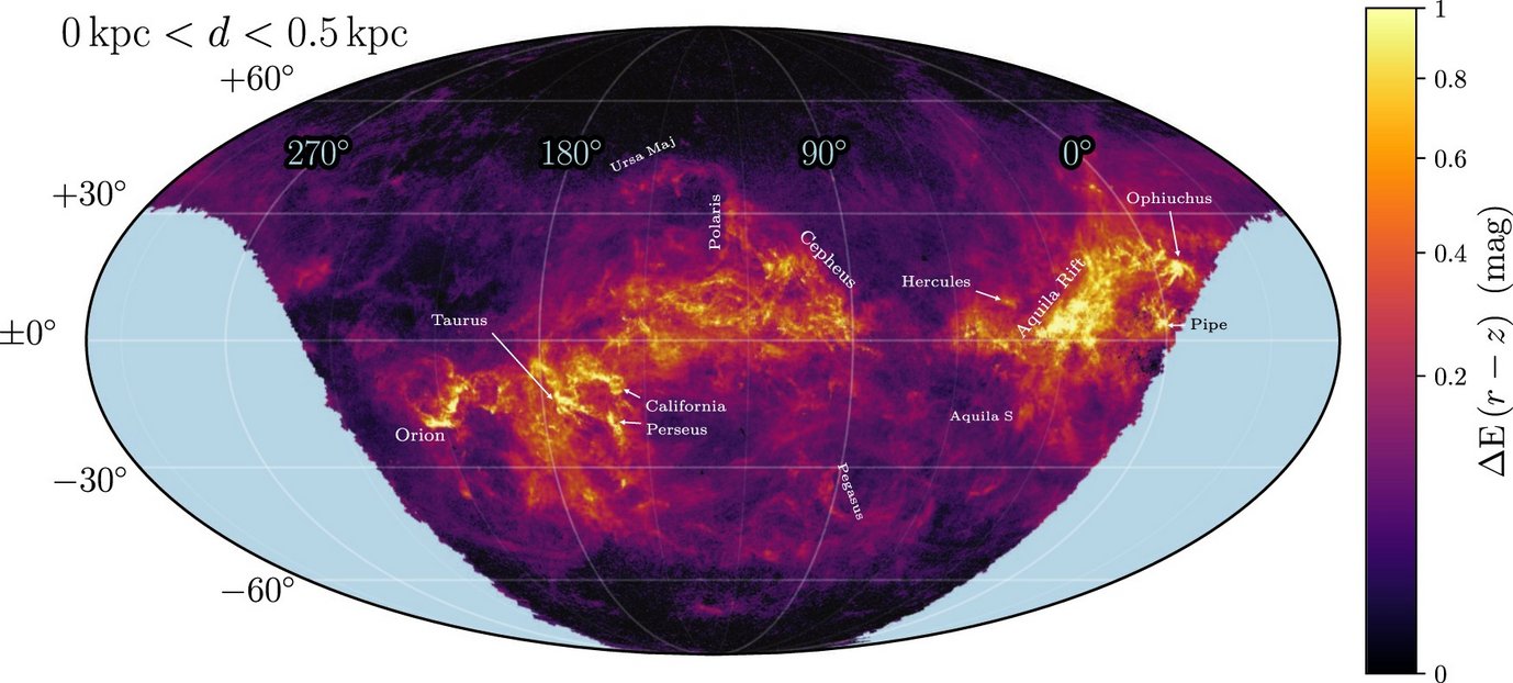 Nearby interstellar dust (within 1500 light years of the Sun), mapped across three quarters of the sky.