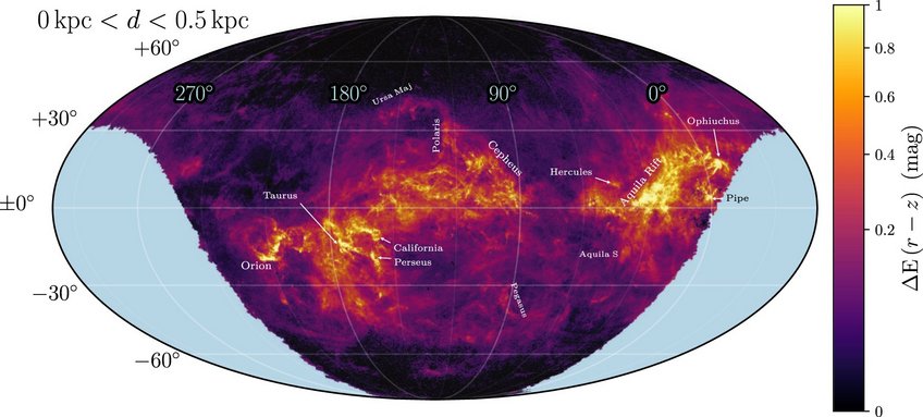 Nearby interstellar dust (within 1500 light years of the Sun), mapped across three quarters of the sky. Nearby interstellar dust (within 1500 light years of the Sun), mapped across three quarters of the sky.