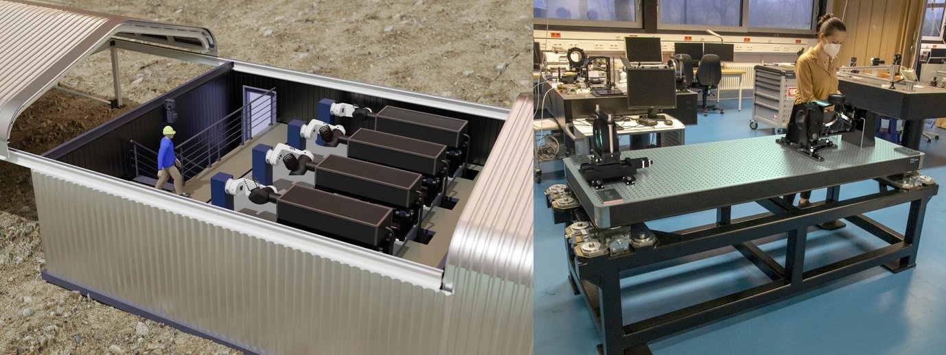The LVM employs four small telescopes feeding three spectrographs in an environmentally controlled chamber (left). MPIA is producing the telescopes, which exploit moving flat mirrors (blue and white structures) to direct the light to opto-mechanical components mounted on a stable optical table (dark gray boxes). The first optical table undergoing development and test in the lab at MPIA (right).