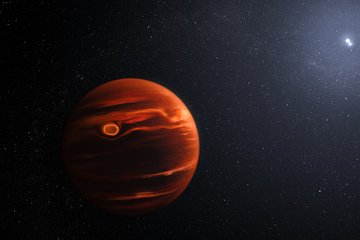 Im Vordergrund eine Kugel mit dunklen und rot-orangen Schattierungen sowie horizontalen Streifen vor einem schwarzen Hintergrund. Darin befinden sich versprenkelt kleine helle Punkte. Rechts oben sieht man zwei eng beieinander stehende helle Punkte.