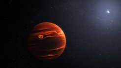 In the foreground a sphere with dark and red-orange shades as well as horizontal stripes in front of a black background. Within it are scattered small bright dots. In the upper right you can see two bright dots standing close together.
