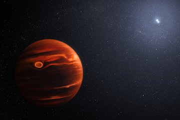 In the foreground a sphere with dark and red-orange shades as well as horizontal stripes in front of a black background. Within it are scattered small bright dots. In the upper right you can see two bright dots standing close together.