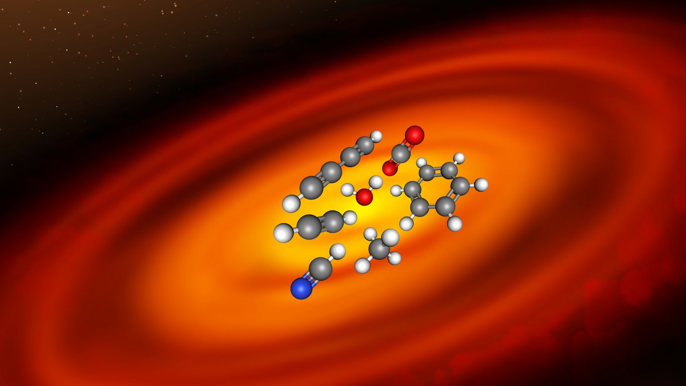An artist’s concept of a planet-forming disk around a young star. Astronomers using the MIRI spectrograph on board the JWST discovered several chemical compunds in the central regions of a first set of planet-forming disks around young stars. The molecules comprise several hydro-carbon species such as benzene and carbon dioxide, as well as water and cyanide gas.