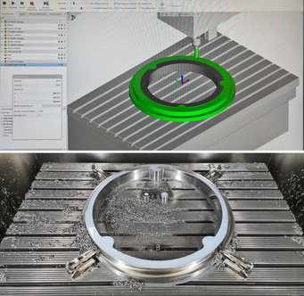 Vom Entwurf bis zur Herstellung. Beide Bilder zeigen einen Spiegelzellenring für das MICADO-Instrument. Oben: Simulation eines Fräsvorgangs; unten: der Ring in der Fräse der Feinmechanikwerkstatt des MPIA nach der Bearbeitung.