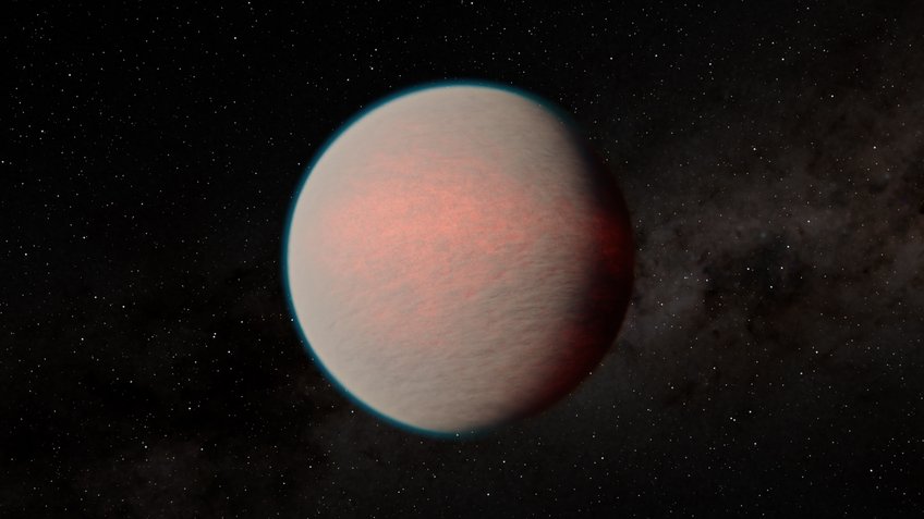 Artist’s impression of the exoplanet GJ 1214 b, based on the current results. GJ 1214 b is a warm Mini-Neptune with a perpetual day on one side and eternal night on the other. An unusually reflective haze layer in the upper atmosphere makes it difficult to determine the composition of the sheets below. The planet probably has large amounts of water. Artist’s impression of the exoplanet GJ 1214 b, based on the current results. GJ 1214 b is a warm Mini-Neptune with a perpetual day on one side and eternal night on the other. An unusually reflective haze layer in the upper atmosphere makes it difficult to determine the composition of the sheets below. The planet probably has large amounts of water.