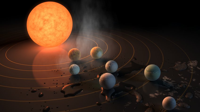 This artist’s concept depicts the TRAPPIST-1 planetary system with an ultra-cool red dwarf star at its centre. Orbiting it are seven Earth-size planets. Any of these planets could potentially have liquid water on them. Planets farther from the star are more likely to have significant amounts of ice, especially on the side that faces away from the star. Sizes and distances are not to scale. This artist’s concept depicts the TRAPPIST-1 planetary system with an ultra-cool red dwarf star at its centre. Orbiting it are seven Earth-size planets. Any of these planets could potentially have liquid water on them. Planets farther from the star are more likely to have significant amounts of ice, especially on the side that faces away from the star. Sizes and distances are not to scale.