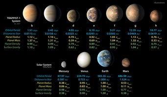 Detailed measurements of the physical properties of the seven rocky TRAPPIST-1 planets and the four terrestrial planets in our Solar System help scientists find similarities and differences between the two planet families. Detailed measurements of the physical properties of the seven rocky TRAPPIST-1 planets and the four terrestrial planets in our Solar System help scientists find similarities and differences between the two planet families.