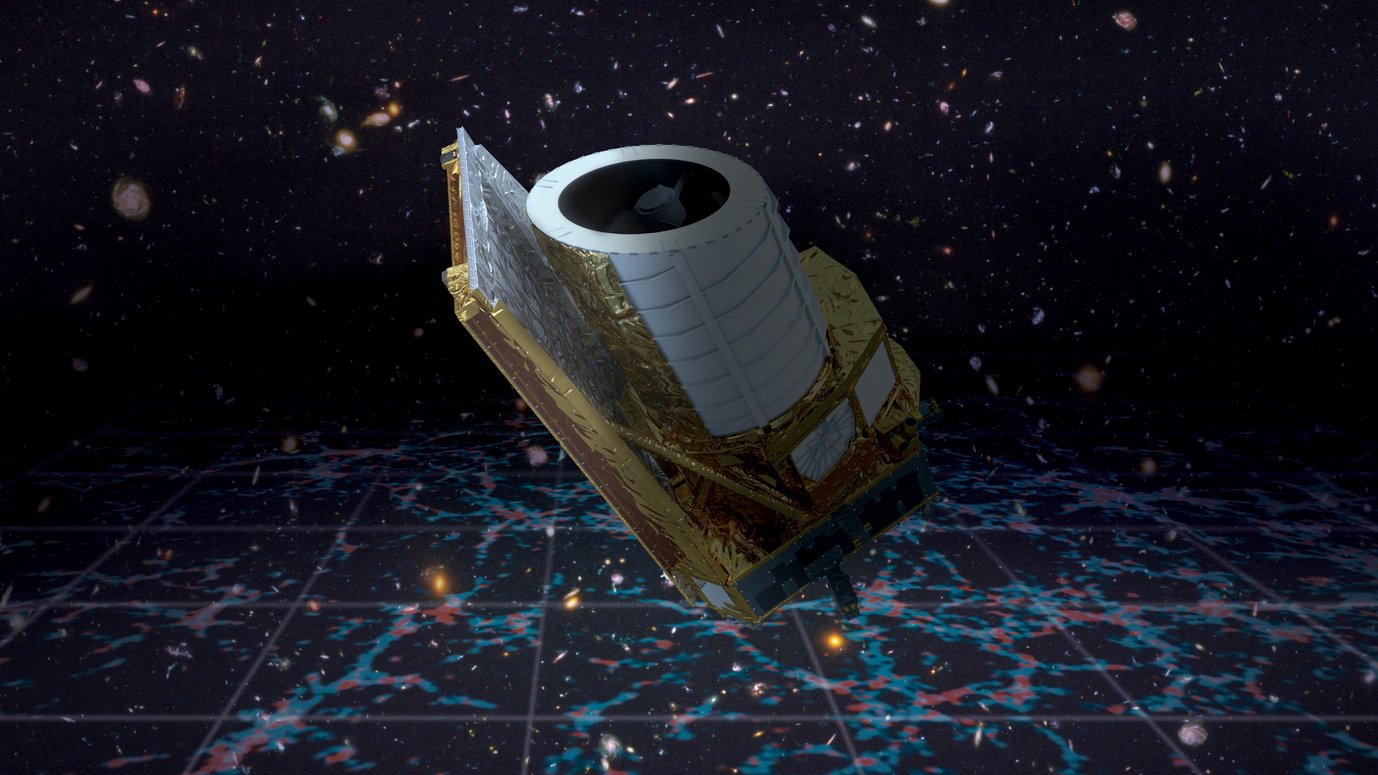 Eine künstlerische Darstellung der Euclid-Mission im Weltraum. Die Euclid-Mission wurde entwickelt, um die Zusammensetzung und Entwicklung des dunklen Universums zu erforschen. Das Weltraumteleskop wird eine Karte der großräumigen Struktur des Universums über Raum und Zeit hinweg erstellen, indem es Milliarden von Galaxien in einer Entfernung von bis zu 10 Milliarden Lichtjahren und über mehr als ein Drittel des Himmels beobachtet.
