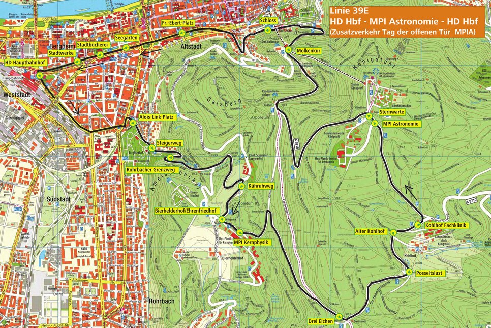 Route map of bus lines 39 and 39E on the Open Day.