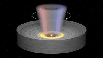 Artist's impression of the geometry of the accretion disk around the young star and the outflowing rotating disk wind. Regions of the disk wind that are moving toward us appear blue-shifted and are hence colored in blue in the image; regions moving away from us are red-shifted (colored in red). Artist's impression of the geometry of the accretion disk around the young star and the outflowing rotating disk wind. Regions of the disk wind that are moving toward us appear blue-shifted and are hence colored in blue in the image; regions moving away from us are red-shifted (colored in red).