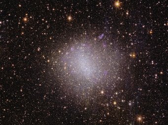 Eine bizarre Galaxie aus der Nachbarschaft der Milchstraße: Die irreguläre Galaxie NGC 6822 ist ein Beispiel einer Zwerggalaxie, die keine ordentlichen Spiralarme aufweist wie etwa unsere Milchstraße. Solche Galaxien gelten als Bausteine ausgewachsener Galaxien, die sich im nahen und jungen Universum finden – ein Universum, das Euclid umfassend abbilden wird. Wer genauer hinsieht, kann einzelne Sterne und sogar Supernovaüberreste erkennen. Schwach bläulich leuchtende, zum Zentrum hin konzentrierte Punktwolke vor einem schwarzen Hintergrund mit zahlreich im ganzen Bildausschnitt verteilten gelblichen Punkten