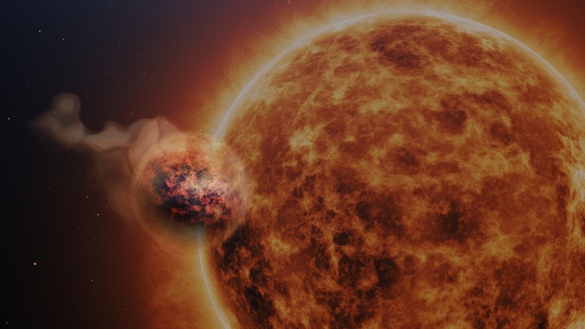 Artistic concept of the exoplanet WASP-107b and its parent star. Even though the rather cool host star emits a relatively small fraction of high-energy photons, they can reach deep into the planet’s fluffy atmosphere. Artistic concept of the exoplanet WASP-107b and its parent star. Even though the rather cool host star emits a relatively small fraction of high-energy photons, they can reach deep into the planet’s fluffy atmosphere.