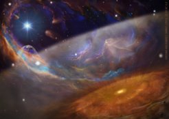 Künstlerische Darstellung des massereichen Sternentstehungsgebiets mit der planetenbildenden Scheibe XUE-1 im Vordergrund. Die Region ist in das UV-Licht massereicher Sterne getaucht, von denen einer in der oberen linken Ecke zu sehen ist. Die Struktur in der Nähe der Scheibe stellt die Moleküle und den Staub dar, die von den Forscher*innen in den jetzt veröffentlichten neuen Beobachtungen gefunden wurden.