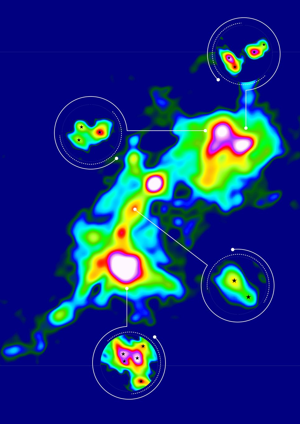 False-color image of the massive star formation region G333.23–0.06 from data obtained with the ALMA radio observatory. The insets show regions in which Li et al. were able to detect multiple systems of protostars. The star symbols indicate the location of each newly forming stars. The image covers a region 0.62 by 0.78 light-years in size (which on the sky covers a mere 7.5 times 9.5 arc seconds).