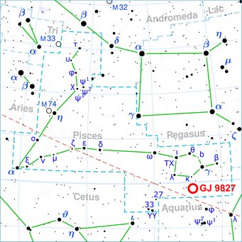 This chart shows the location of the star GJ 9827 in the constellation of Pisces. This map includes most of the stars visible to the unaided eye under good conditions. A red circle indicates the position of GJ 9827. This chart shows the location of the star GJ 9827 in the constellation of Pisces. This map includes most of the stars visible to the unaided eye under good conditions. A red circle indicates the position of GJ 9827.