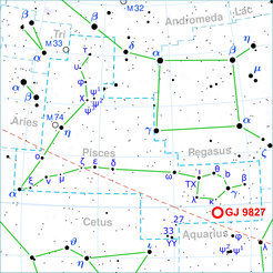 This chart shows the location of the star GJ 9827 in the constellation of Pisces. This map includes most of the stars visible to the unaided eye under good conditions. A red circle indicates the position of GJ 9827.