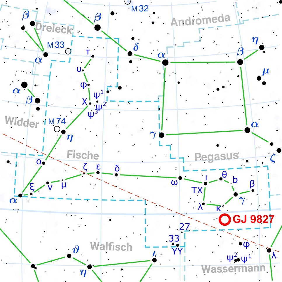 Diese Karte zeigt die Position des Sterns GJ 9827 im Sternbild der Fische. Sie enthält die meisten Sterne, die unter guten Bedingungen mit bloßem Auge sichtbar sind. Ein roter Kreis zeigt die Position von GJ 9827 an.