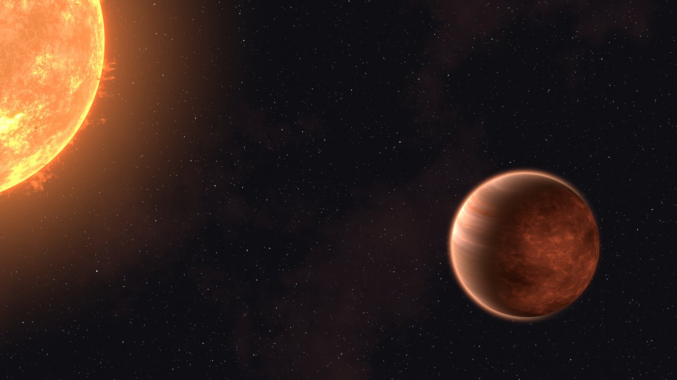 An artist’s impression of the hot Jupiter WASP-43b closely orbiting its parent star. The planet’s tight orbit resulted in its rotation period becoming synchronized with the orbital period, both amounting to 19.5 hours. As a result, WASP-43b always faces the star with the same hemisphere permanently engulfed in daylight with temperatures reaching 1250 degrees Celsius. The nightside facing away from the star is covered by clouds made of condensed mineral droplets at temperatures around 600 degrees.