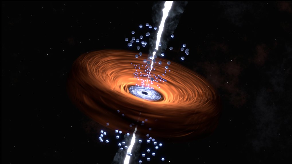 Künstlerische Darstellung eines frühen Quasars. Das schwarze Loch im Zentrum ist von einer hellen Akkretionsscheibe umgeben. Weiter außen befindet sich der "Staubtorus", eine unregelmäßige, größere und deutlich dickere Scheibe, die einem Beobachter von außen die Sicht auf die Akkretionsscheibe verdecken kann. Der Staubtorus emittiert vorwiegend Licht im mittleren Infrarotbereich, und seine Eigenschaften lassen sich an der Gesamtform (dem "Kontinuum") des Spektrums ablesen. Die Magnetfelder der Akkretionsscheibe erzeugen einen gebündelten, hochenergetischen Teilchenstrahl, der aus der unmittelbaren Umgebung des Schwarzen Lochs rechtwinklig zur Scheibe abstrahlt. Oberhalb und unterhalb der Scheibe befinden sich unregelmäßige Gaswolken. Da ihre Form nicht bekannt ist, sind sie hier in stilisierter Form als Kugeln dargestellt. Die Gaswolken, die sich in der Nähe des Zentrums befinden, umkreisen das Schwarze Loch mit hoher Geschwindigkeit. Dies führt zu breiten Emissionslinien im Spektrum des Quasars, und dieser Bereich des Gases wird als "Broad-Line Region" (etwa "Region, aus der die breiten [Spektral-]Linien stammen") bezeichnet. Die weiter entfernten Gaswolken, die hier als etwas größere Kugeln dargestellt sind, bewegen sich weniger schnell und erzeugen schmalere Emissionslinien; sie bilden die so genannte "Narrow-Line Region" (also "Region, aus der die schmalen [Spektral-]Linien stammen").