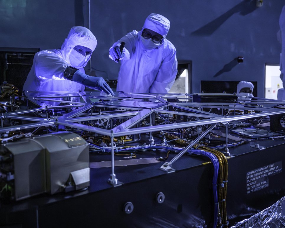 The fully equipped optical bench of the CGI after delivery to the NASA Goddard Space Flight Center. The optical bench measures 1.7 metres by 1.7 metres at its largest dimension.