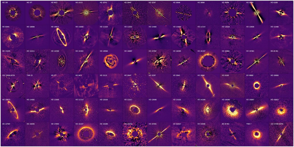 This image presents a grid of colour-enhanced astronomical observations, each depicting a circumstellar disc—structures of dust and gas surrounding stars. Every square in the grid represents a different star system, identified by catalogue names such as “HD 105”, “HD 377”, or “TWA 25”. The discs vary widely in shape, size, and orientation: some appear as well-defined rings, while others show elongated or irregular forms. The colour palette, dominated by purples and oranges, highlights brightness and contrast to reveal structural details. This visual diversity reflects different physical properties and evolutionary stages of the star systems, offering valuable insights into planetary formation and stellar development.