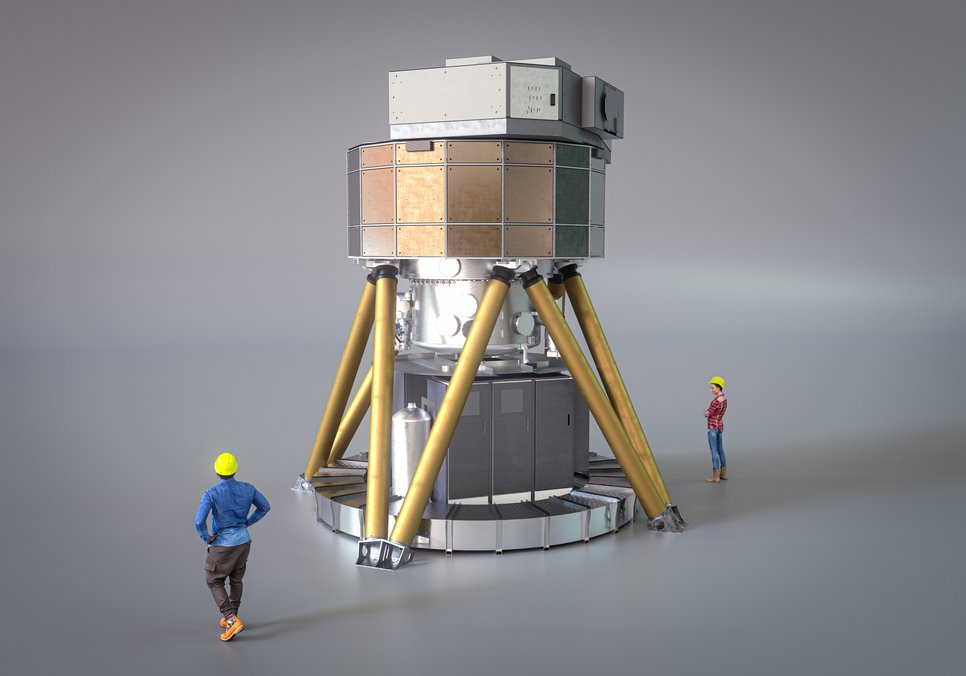 3D rendering of the ELT's Multi-AO Imaging Camera for Deep Observations (MICADO), the powerful high-resolution camera for ESO’s upcoming Extremely Large Telescope. Once complete, MICADO will offer astronomers the ability to take images of the Universe at an unprecedented depth. The image shows an artist's 3D view of MICADO based on an engineering rendering, with two people shown for scale. The instrument will have a height of six metres and weigh no less than 20 tonnes.