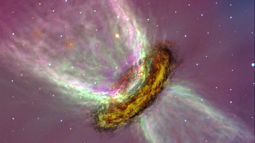 This artist’s impression of a planet-forming disk surrounding a young star shows a swirling “pancake” of hot gas and dust from which planets form. Using the James Webb Space Telescope, the team obtained detailed images showing the layered, conical structure of disk winds – gas streams blowing out into space. An artistic representation of a protoplanetary disk showing a ring-like accumulation of gas and dust. The disk is arranged around a central, bright object, presumably a young star. From the center of the disk, two opposite conical streams of glowing gas are visible, representing bipolar gas outflows. The image is rendered in purple, green, and yellow tones, highlighting the structures and movement of the material.