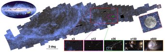 This graphic provides an overview of the mosaic and zoomed-in images released by ESA’s Euclid mission on 15 October 2024.On the top left, an all-sky map (41 000 square degrees) is visible with the location of Euclid’s mosaic on the Southern Sky highlighted in yellow. The mosaic contains 260 observations made between 25 March and 8 April 2024.In just two weeks, Euclid covered 132 square degrees of the Southern Sky, more than 500 times the area of the full Moon as seen from Earth. On the top right, Euclid’s field-of-view in one observation is compared to the area of the full Moon.The mosaic shows the locations of the various zoomed-in images. Above the separate images, the zoom factor is given (from 3 to 600 times enlarged compared to the original mosaic). An overview collage of all the underlying press release images.