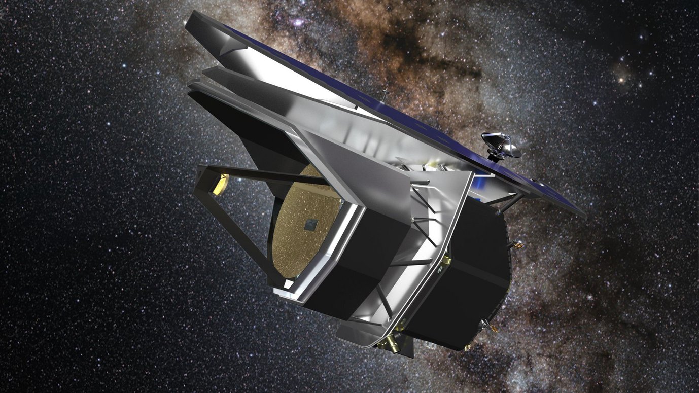 Künstlerische Darstellung des Weltraumteleskops PRIMA. PRIMA wird als Weltraumteleskop der NASA mit einem aktiv gekühlten 1,8-Meter-Primärspiegel aus Aluminium und zwei wissenschaftlichen Instrumenten entwickelt.
