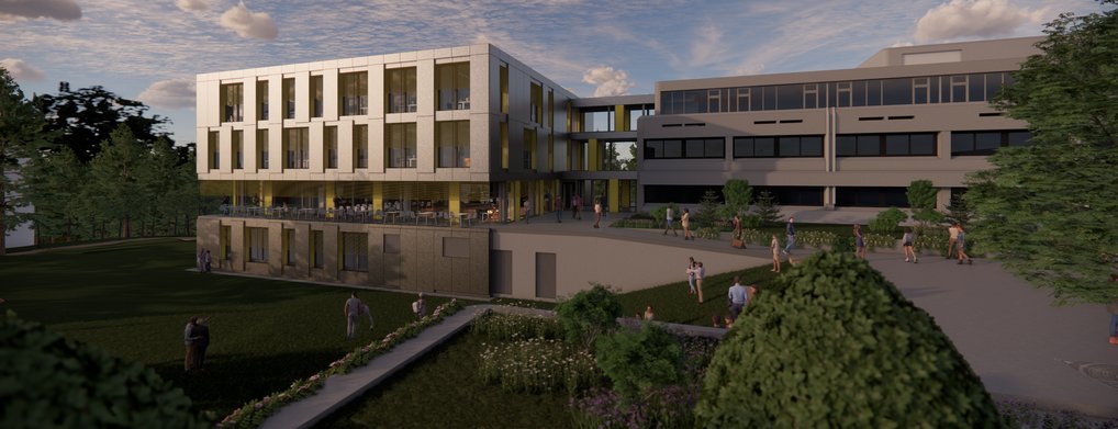 Computergeneriertes Bild des neuen Erweiterungsbaus am MPIA, der sich an das Südende des bisherigen Hauptgebäudes anschließt Computergeneriertes Bild des neuen Erweiterungsbaus am MPIA, der sich an das Südende des bisherigen Hauptgebäudes anschließt