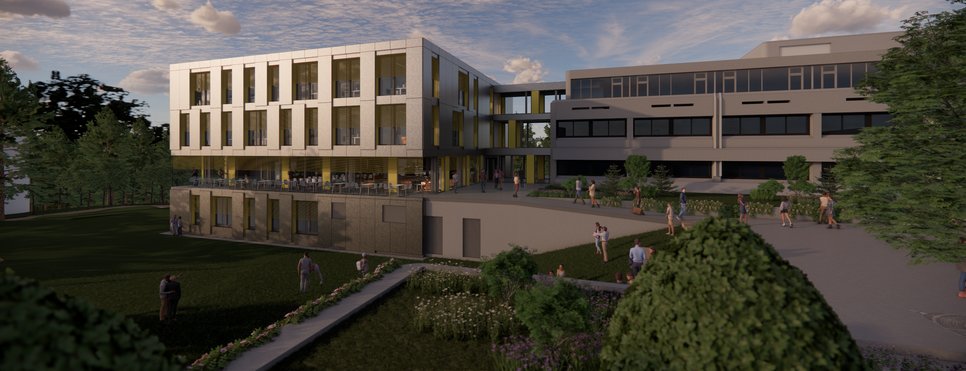 Computergeneriertes Bild des neuen Erweiterungsbaus am MPIA, der sich an das Südende des bisherigen Hauptgebäudes anschließt