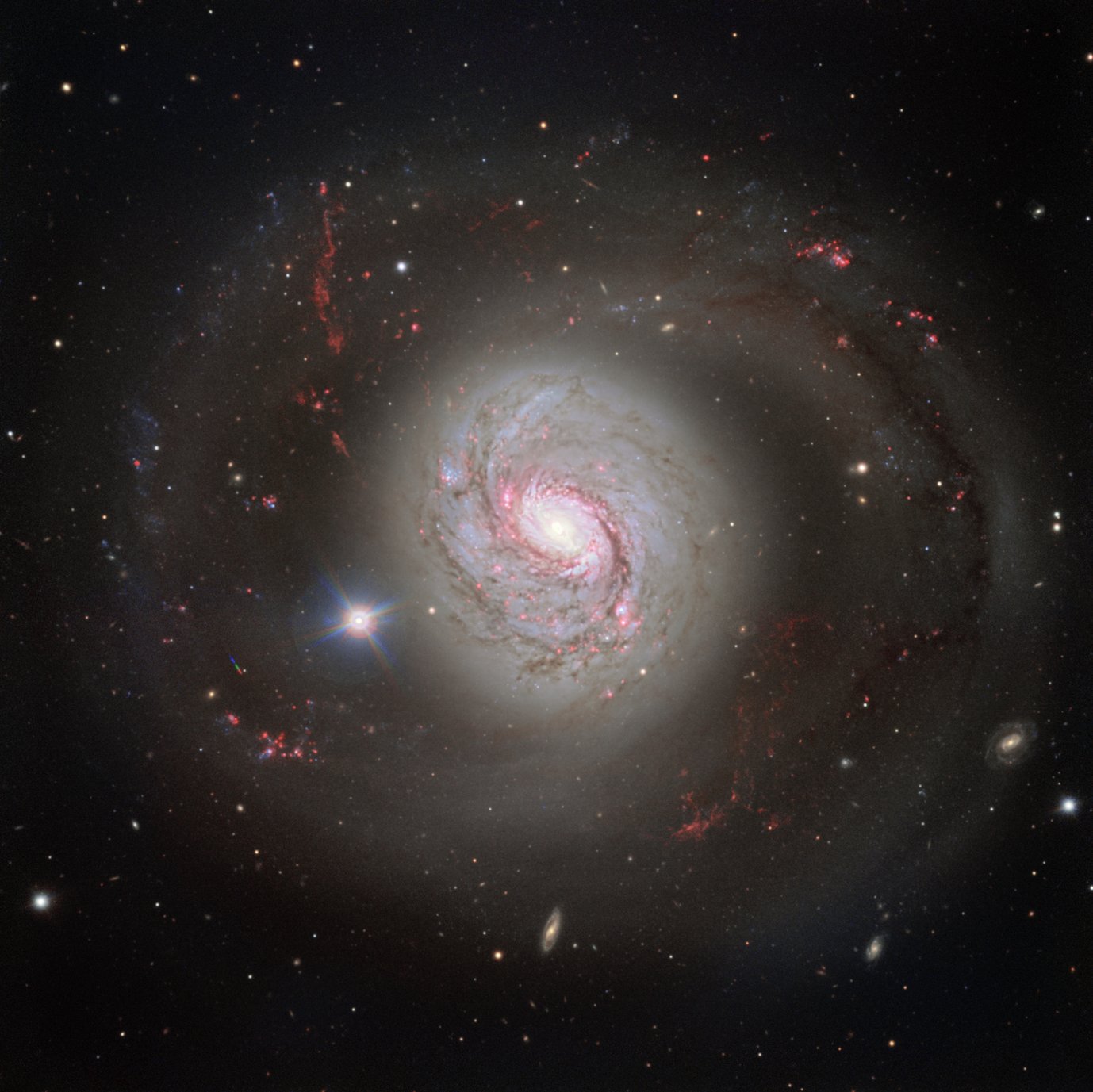 Eine farbenreiche Aufnahme der Spiralgalaxie Messier 77 (M77), auch bekannt als NGC 1068. Die Galaxie zeigt eine beeindruckende Struktur mit hell leuchtendem Zentrum und spiralförmig angeordneten Armen, die sich weit ins All erstrecken. Die Spiralarme sind durch rosafarbene und rote Regionen hervorgehoben, welche Gebiete aktiver Sternentstehung darstellen. Umgeben wird die Galaxie von unzähligen kleinen Lichtpunkten, die ferne Sterne und Galaxien darstellen. Im Vordergrund leuchtet ein heller, sternähnlicher Punkt auf der linken Seite der Galaxie. Die Farben der Galaxie reichen von weiß und blau im Zentrum bis hin zu rötlichen Tönen in den äußeren Bereichen.