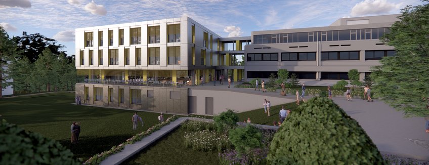 Computergeneriertes Bild des neuen Erweiterungsbaus am MPIA, der sich an das Südende des bisherigen Hauptgebäudes anschließt. Computergeneriertes Bild des neuen Erweiterungsbaus am MPIA, der sich an das Südende des bisherigen Hauptgebäudes anschließt.