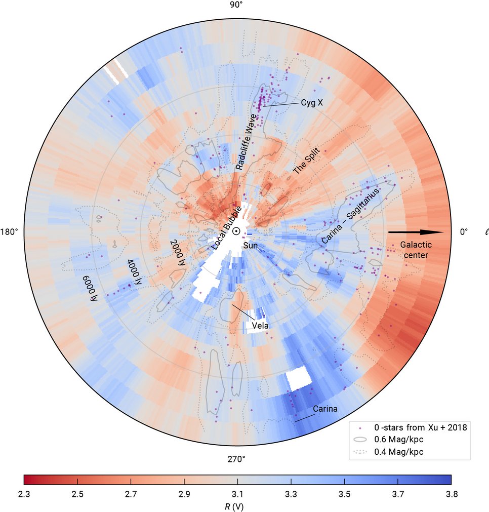 Visualization of the wavelength-dependence of extinction (the “extinction curve”) caused by dust, for the plane of our galaxy’s disk, out to a distance of 8,000 light-years from the Sun. Red indicates regions where extinction falls off more rapidly at long wavelengths (the red end of the spectrum), while blue indicates that extinction is less dependent on wavelength. Regions with insufficient data are shown in white. The gray contours enclose regions of high dust density.