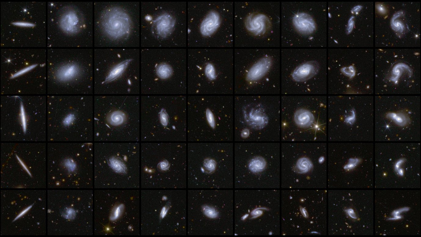 A collage of nine by five squares containing galaxies of many different shapes and viewed in different orientations. For example, the first column shows five edge-on galaxies, which appear thin like a pencil. The galaxies in the second column have a more fuzzy, diffuse appearance. The middle columns showcase face-on spiral galaxies with many different shapes and densities of stars. The last two columns include interacting galaxies or galaxies with an unusual spiral arm or tidal tail.