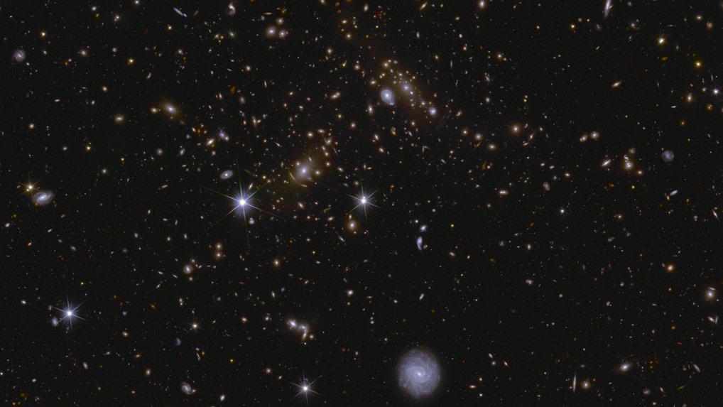This image shows an area of Euclid’s Deep Field South. The area is zoomed in 70 times compared to the large mosaic. Various huge galaxy clusters are visible in this image, as well as intra-cluster light, and gravitational lenses. The cluster near the centre is called J041110.98-481939.3, and is located almost 6 billion light-years away. A sea of galaxies of many different shapes and sizes, oriented in all directions and many with spiral arms visible. A large, nearby face-on spiral galaxy draws attention at the bottom centre of the image. Two bright stars in the centre and to the left are seen with prominent diffraction spikes. In between the two stars lie a lensed galaxy cluster, with arc-like smears surrounding the central bright galaxy cluster.