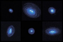 Two rows with three images each of light-blueish disks. Most are seen at an angle, and hence look elliptical. Most have some structures shaped like rings or spiral arms.
