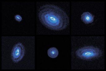 Six of the protoplanetary disks imaged with ALMA in the course of the exoALMA project. False-color image based on light from a rotation transition of carbon monoxide molecules. Two rows with three images each of light-blueish disks. Most are seen at an angle, and hence look elliptical. Most have some structures shaped like rings or spiral arms.