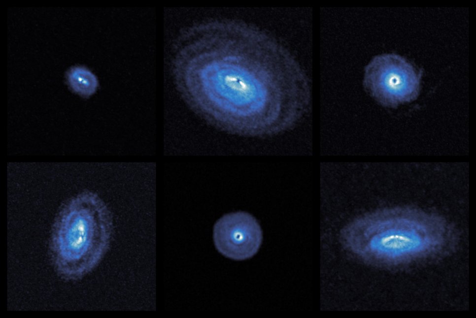 Two rows with three images each of light-blueish disks. Most are seen at an angle, and hence look elliptical. Most have some structures shaped like rings or spiral arms.