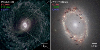 Hochaufgelöste Bilder der Galaxie NGC 3351 mit einem Gebiet intensiver Sternentstehung im Zentrum, aufgenommen mit dem James Webb Weltraumteleskop, NGC 3351