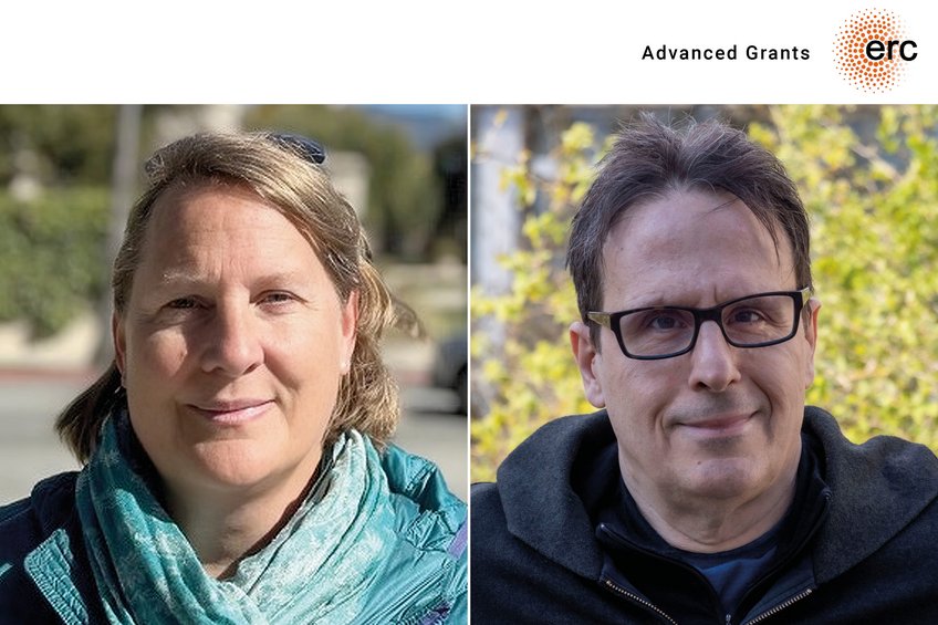 Zwei ERC Advanced Grants gehen 2025 an Max-Planck-Forschende: Eva Schinnerer und Miltos Tsiantis. Porträtfoto im geteilten Bildformat: Links Eva Schinnerer im Freien, mit türkisfarbenem Schal und leichtem Lächeln, rechts Miltos Tsiantis mit Brille vor einem unscharfen Hintergrund mit Laub. Oben rechts das Logo des ERC Advanced Grants.