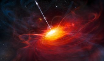 Kosmisches Kraftwerk: Künstlerische Darstellung eines Quasars, der Kernregion einer aktiven Galaxie, die im frühen Universum förmlich in Fahrt geriet. Während damals häufig Galaxien miteinander verschmolzen, gerieten große Mengen Materie in die Zentren der Galaxien. Umströmt Materie das supermassereiche schwarze Loch im Zentrum einer Galaxie auf einer engen Umlaufbahn, wird dabei Energie frei, was die enorme Helligkeit eines Aktiven Galaxienkerns erklärt. So ist der Quasar auch heute noch aus weiter Ferne zu beobachten. Rötlicher Wirbel von seitlich oben aus gesehen mit einem grellen Kern und einem dünnen Strahl, der senkrecht aus der Ebene heraussticht