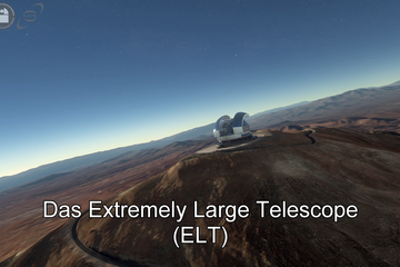 Computergenerierte Darstellung des Extremely Large Telescope (ELT) der Europäischen Südsternwarte auf einem Berggipfel in der chilenischen Atacama-Wüste. Das große, moderne Teleskop mit geöffneter Kuppel steht auf einer ebenen Plattform. Im Hintergrund erstrecken sich die kahlen Berge und ein klarer Himmel, der von der Dämmerung leicht erhellt ist. Im Vordergrund führt eine kurvige Straße zum Observatorium hinauf. Oben links sind Logos verschiedener Forschungsinstitute zu sehen. Am unteren Bildrand steht der Schriftzug ‚Das Extremely Large Telescope (ELT)‘.