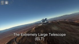 Computer-generated view of the Extremely Large Telescope (ELT) of the European Southern Observatory on a mountain summit in Chile’s Atacama Desert. The large, modern telescope with an open dome stands on a flat platform. In the background stretch the barren mountains under a clear sky, faintly lit by twilight. In the foreground, a winding road leads up to the observatory. Logos of several research institutes are visible in the upper left corner. At the bottom of the image, the text ‘Das Extremely Large Telescope (ELT)’ is displayed.