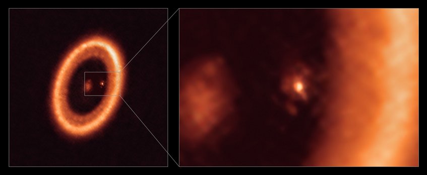 Left: the protoplanetary disk around the star PDS 70. Right: zoomed-in view of the Jupiter-like planet PDS 70c and the circumplanetary disk around it, which is likely the birthplace of the planet’s future moon(s). The images were produced with the ALMA observatory. To the left, an image that shows a bright orange ring made of diffuse material, seen slightly tilted so it looks like an ellipse. To the right, an enlarged part of the left-hand image, which shows a bright dot (the planet PDS 70c) surrounded by a diffuse, ragged cloud (the circumplanetary disk).